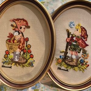 Vintage Hummel needle point/ crewel work art- set of two.